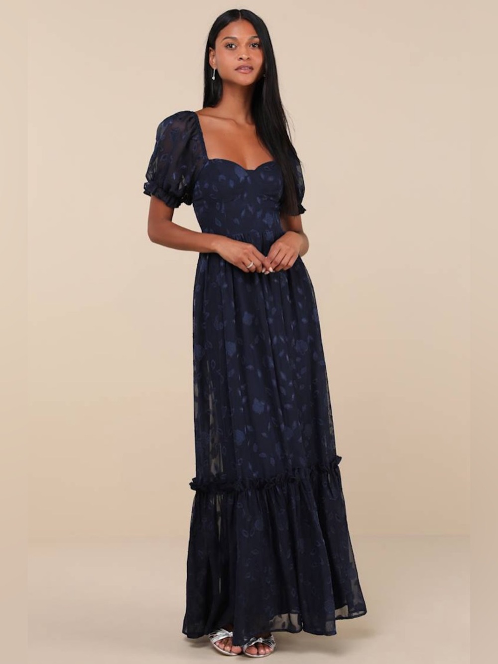 Lulus Navy Floral Burnout Bustier Maxi Dress